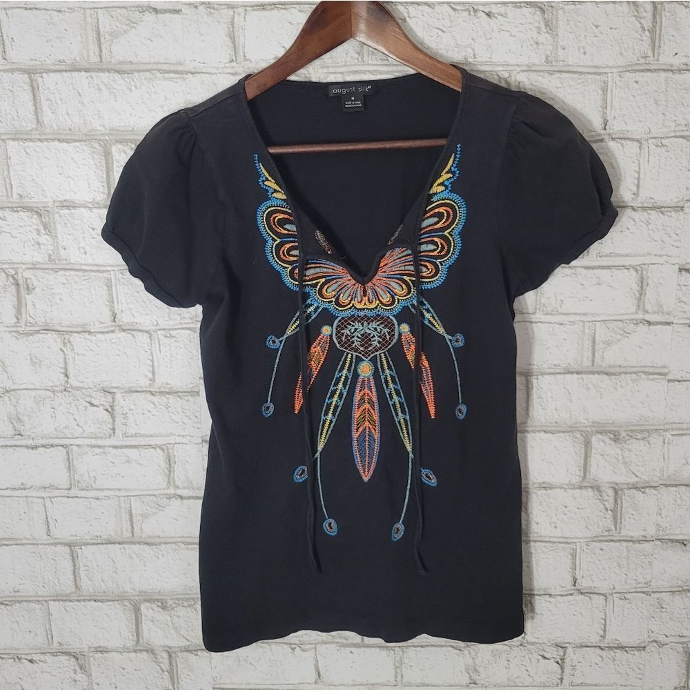 august silk black embroidery tee‎